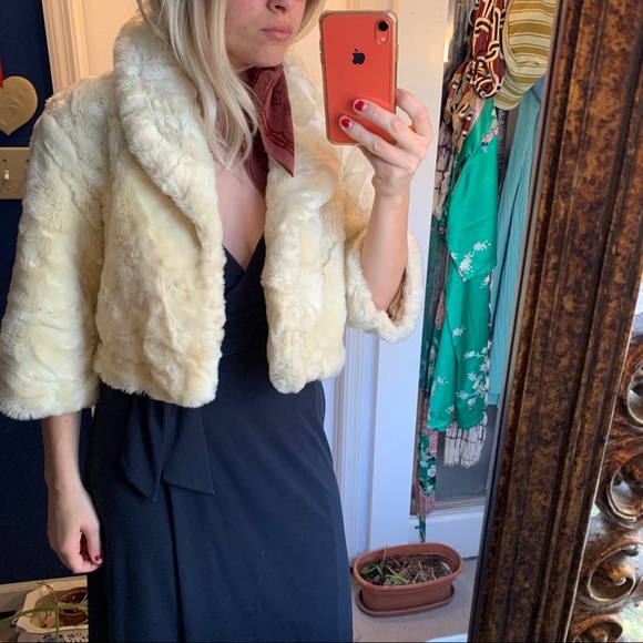 Vintage cream faux fur crop jacket shawl collar S - Picture 8 of 10